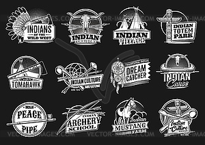 Indian, wild west icons or emblems set - vector clipart