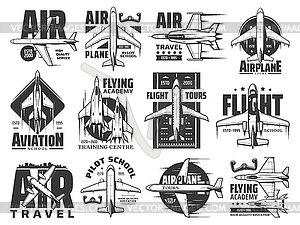 Air travel tours, aviation school icons set - vector clipart