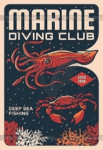 Sea crabs and squid fishing, diving club banner - vector image