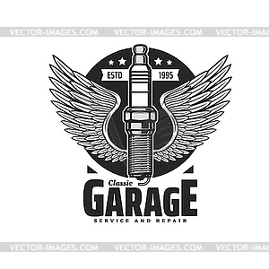 Spark plug symbol with wings, emblem - vector image