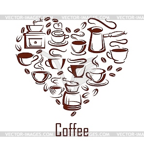 Steaming cups, pots and beans heart - vector clipart