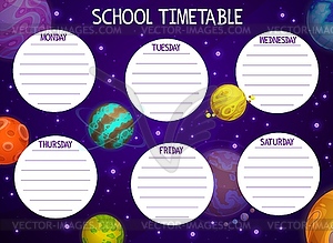 Cartoon space school timetable with planets - royalty-free vector clipart