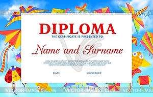 Kids diploma with kites, education certificate - vector image