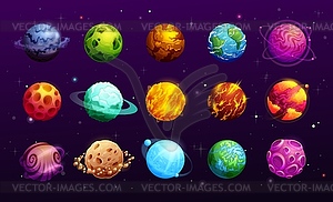 Cartoon space planets of fantasy alien galaxy - vector image