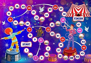 Настольная игра для детей цирка Shapito, степ-загадка - цветной векторный клипарт