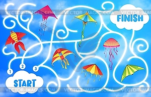 Kids labyrinth maze game with kites in blue sky - vector image