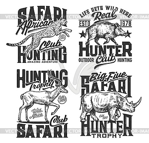 Сафари охотничьи принты футболок, охотничий клуб животные - векторный графический клипарт