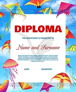 Kids diploma with kites flying in cloudy sky - color vector clipart