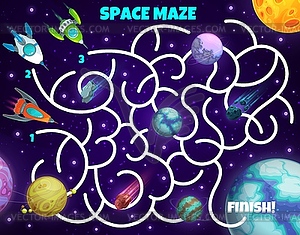 Labyrinth maze game spaceships and planets, test - vector image