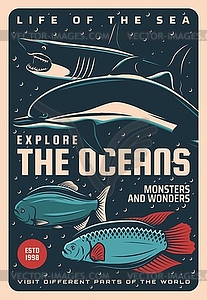 Ocean life, undersea monsters and wonders poster - vector image