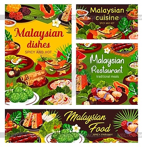 Malaysian cuisine posters with Asian food dishes - vector image