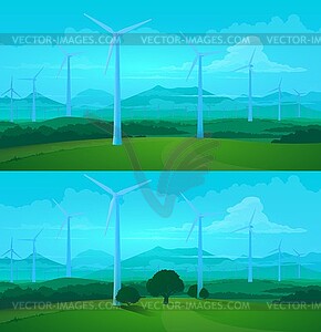 Wind turbines, green energy farm field background - vector EPS clipart