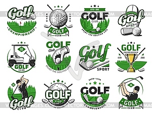 Golf sport icons, golf balls and clubs emblems set - vector image