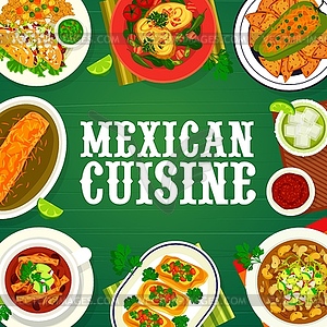 Mexican cuisine food dishes, restaurant menu cover - royalty-free vector image