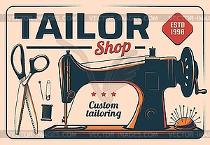 Sewing machine tailor shop poster, vintage card - vector clipart