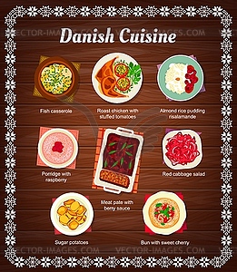 Danish cuisine food menu, dishes and meals - vector clipart