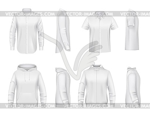 Мужская одежда, белая рубашка и макет с капюшоном - векторная графика