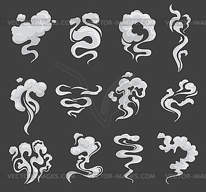 Smoke flows, smog clouds, cartoon steam explosion - vector image