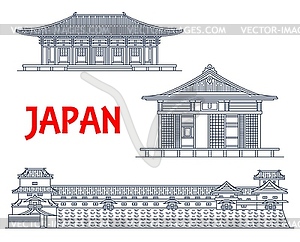 Достопримечательности Японии, архитектура японских храмов - векторизованное изображение