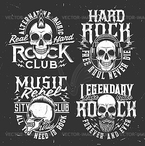 Tshirt prints with skull mascot for rock band set - vector image