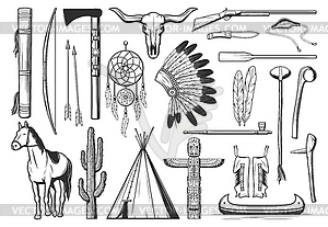 Native americans, indians culture symbols, weapons - vector clipart