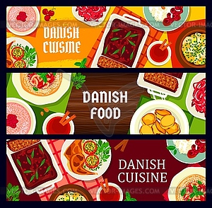 Баннеры датской кухни, скандинавские блюда - иллюстрация в векторном формате