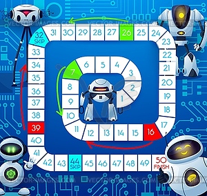 Kids board game or tabletop, robots on motherboard - vector clipart