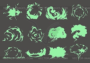 Cartoon bad green smell clouds, smoke or steam set - vector image