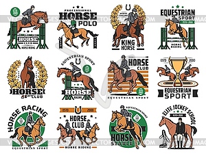 Horse racing, equestrian sport and polo club icons - vector clip art