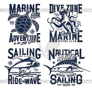 Nautical marine t shirt prints, sea waves, turtle - vector image
