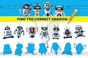 Kids board game find and match shadows, robots - vector image