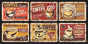 Coffee cup and bean vintage metal banners - vector image