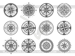 Old compass, wind rose arrows navigation - vector clip art