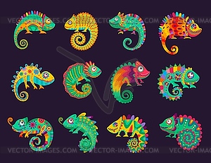 Cartoon mexican chameleons, lizards set - vector image