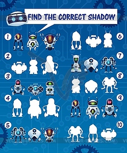 Kids game find robot shadows, riddle - color vector clipart