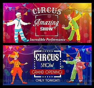 Цирковое шоу Шапито, мультипликационные артисты-клоуны - векторное изображение