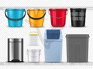 Plastic bucket, container and trash can or basket - vector clipart