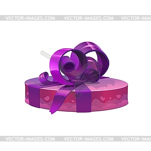 Round purple gift box with bow, present - vector clipart