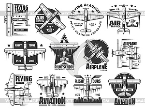 Flying academy, pilot school and air tour icon set - vector clipart