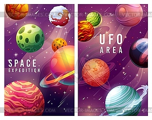 Space expedition and ufo area galaxy planets - vector image