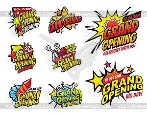 Grand opening halftone comic bubble icons - vector clipart