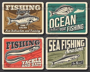 Sea fishing boat, fish and fisherman tackle poster - vector clip art