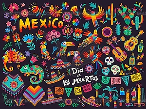 Mexican cartoon symbols, Day of Dead holiday - vector clip art