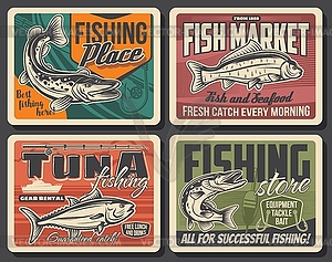 Fishing sport posters with fish, fisherman tackle - vector clipart