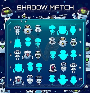 Robots shadow match kids game with cartoon cyborgs - vector clipart