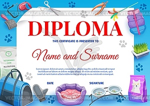 Cat or kitten pet care diploma, certificate - vector image