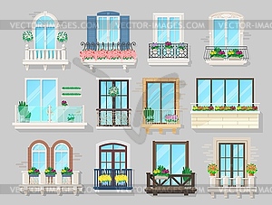 House balcony with various railings and flowers - vector clipart / vector image