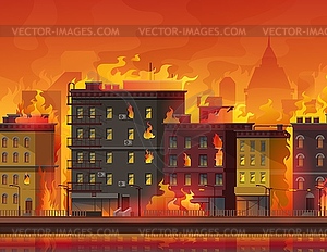 City in fire, war or natural disaster background - vector clipart