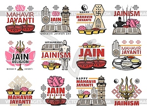 Jaininsm religion, jain symbols and festival icons - vector image