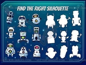 Kids game find right robot silhouette riddle - vector clipart